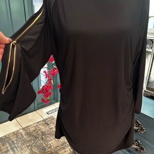 Cache Y2K Double Gold Zipper Slinky Black Tunic Ruched Women’s XLG